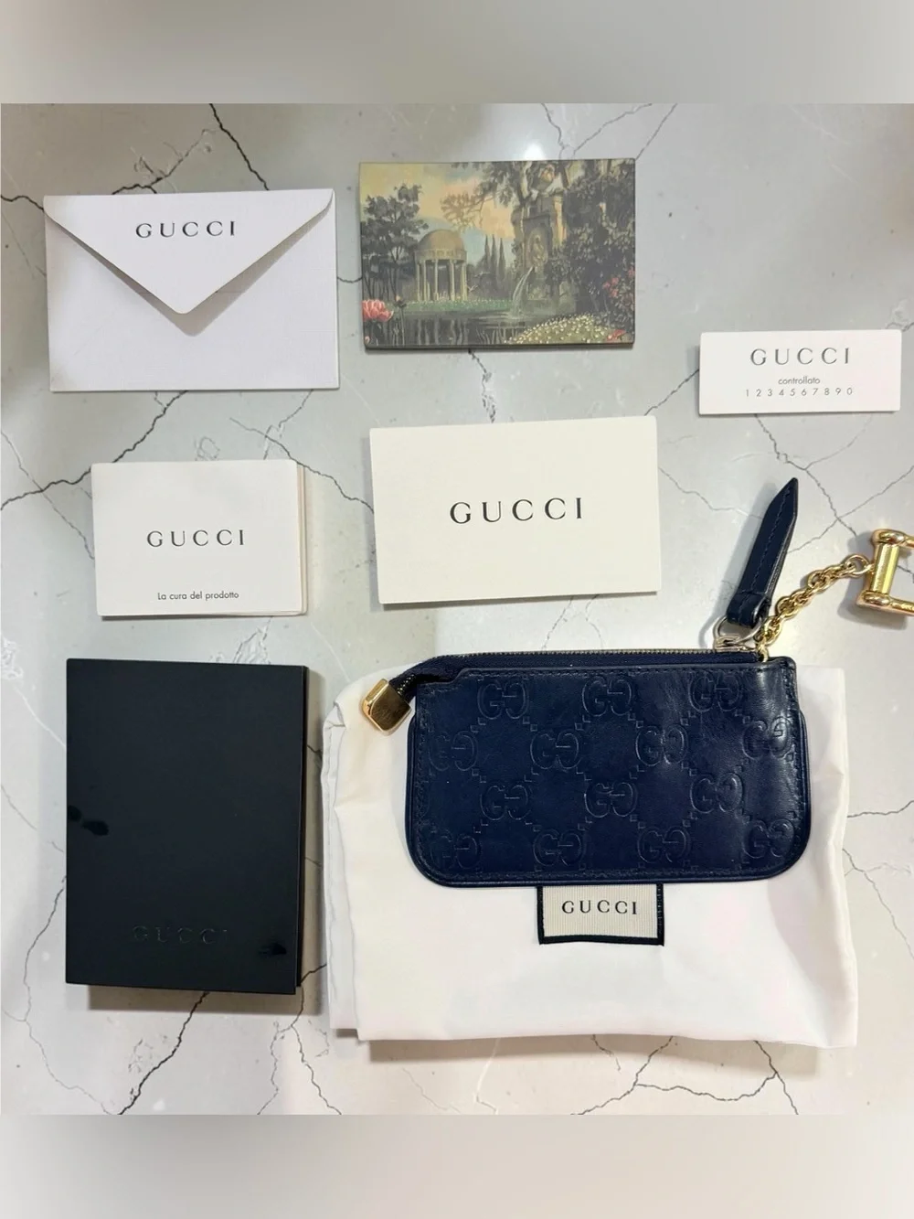 Gucci Guccissima Navy Blue Leather Key Pouch Wallet Full Set Box Dust Bag